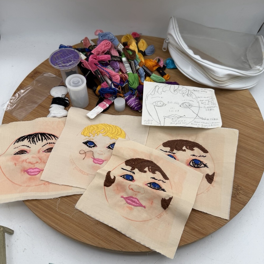 Vintage Cross Stitch Doll Face Lot With Thread Unframed